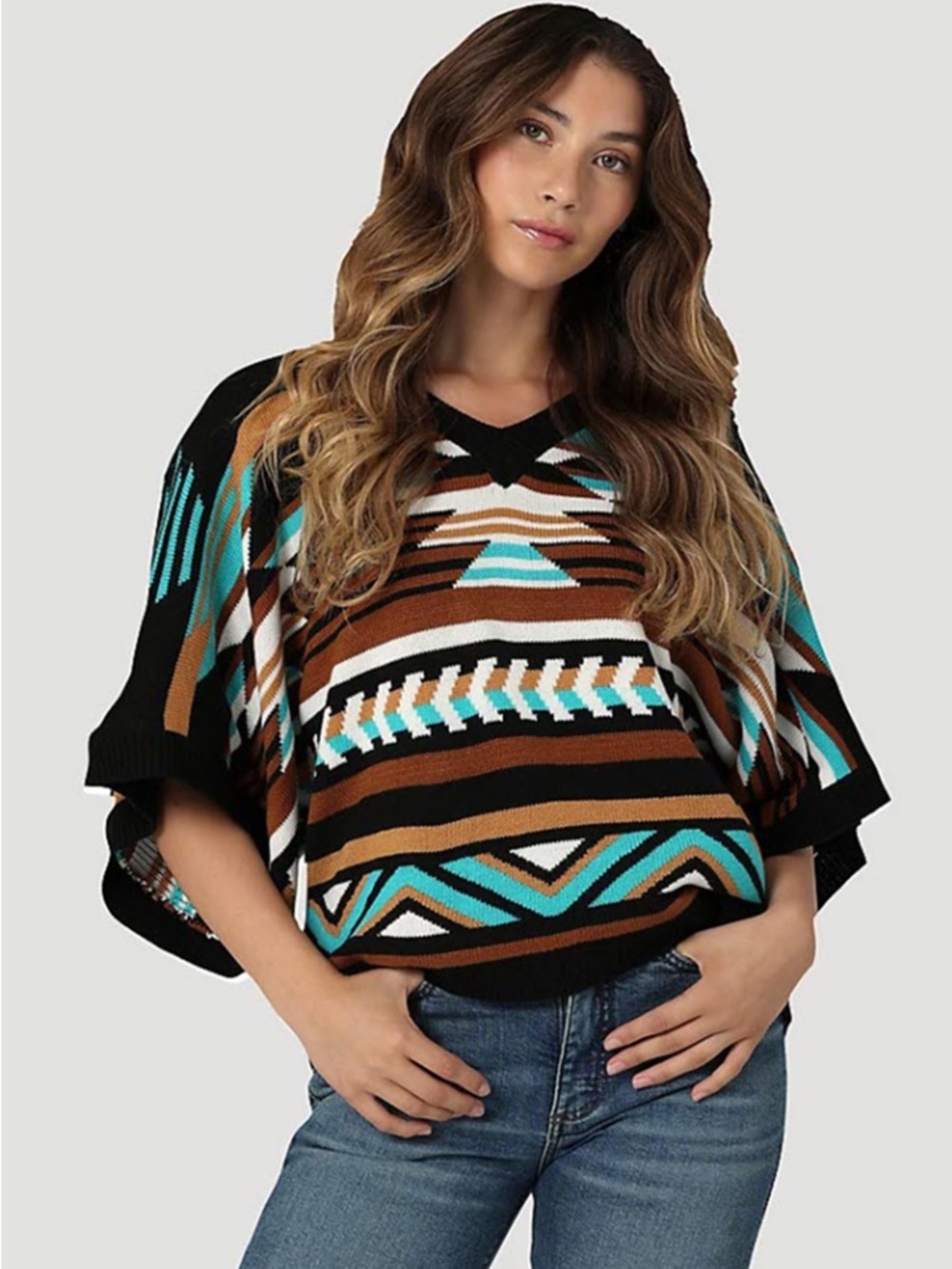 Wrangler Retro Western Turquoise, Black & Brown Aztec V-Neck Sweater Sz. S/M NWT